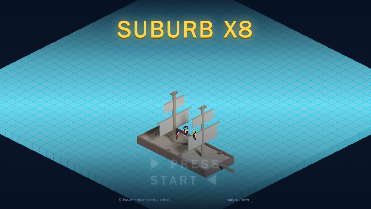 The SUBURB X8 arcade title screen